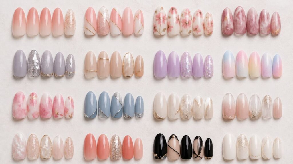 Pro nails art designs showcase — professional ombre, floral and geometric nail styles on light background