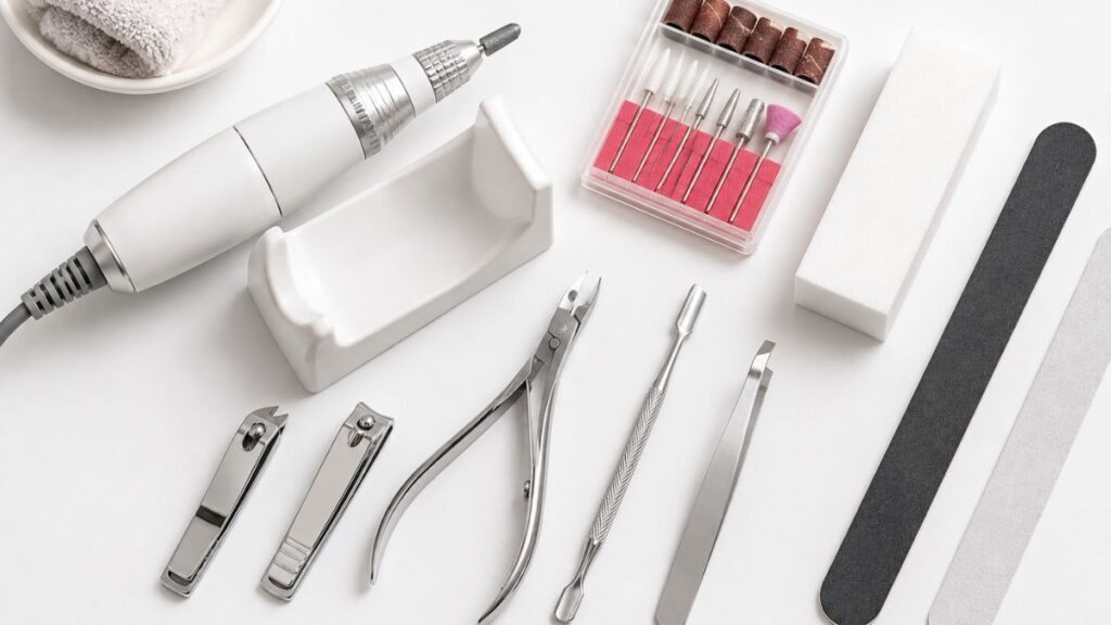 Pro nails tools collection — professional nail drill, buffer, clippers, cuticle pusher and nail file on white surface