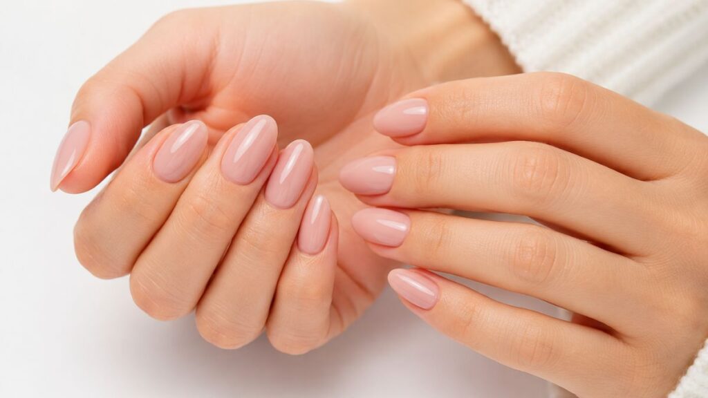 Pro nails close-up — woman's hands with professional gel nails in elegant nude pink color